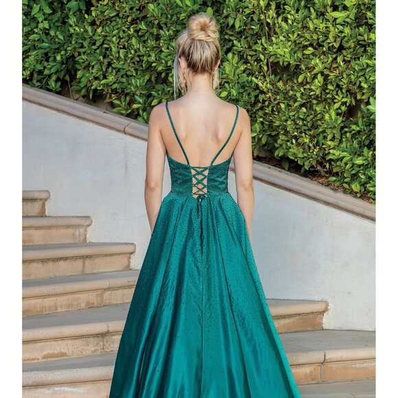 New Rhinestones Embellihsed Semi-Ball Gown w/ Lace Up Back & V-Neck DQ 4256 - Picture 4 of 9
